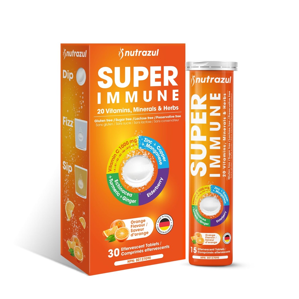 nutrazul Super Immune 30 Effervescent Tablets, 20 Vitamins & Minerals, Herbal Extracts to Support Daily Routine, Vitamin C, Zinc, Elderberry & Echinacea, Gluten-Free, Sugar-Free, Orange Flavor