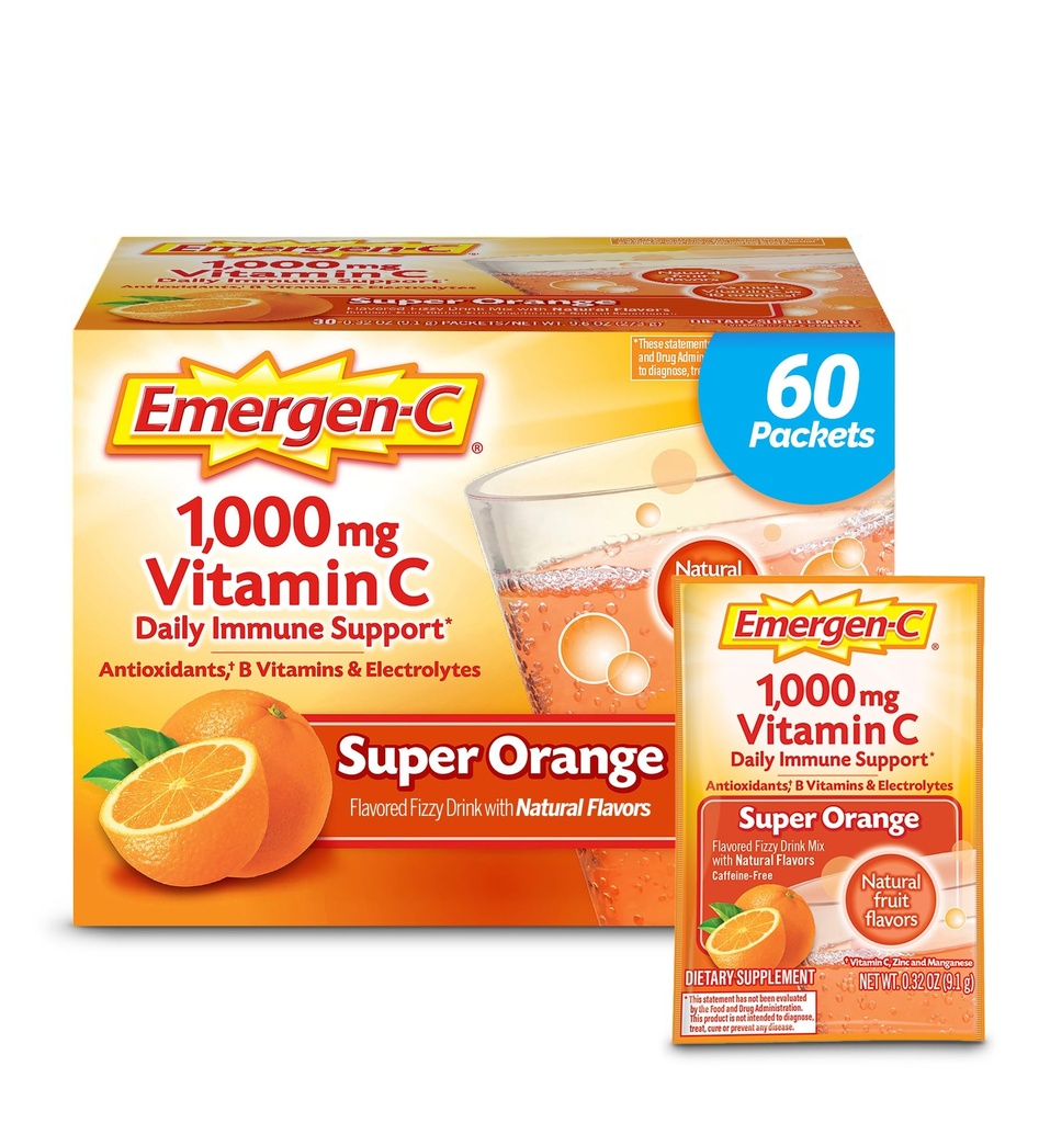 Emergen-C 1000mg Vitamin C Pulver für tägliche Immununterstützung Koffeinfreie Vitamin C Ergänzungen mit Zink und Mangan, B Vitamine und Elektrolyte, Super Orange Flavor - 60 Count/2 Month Versorgung