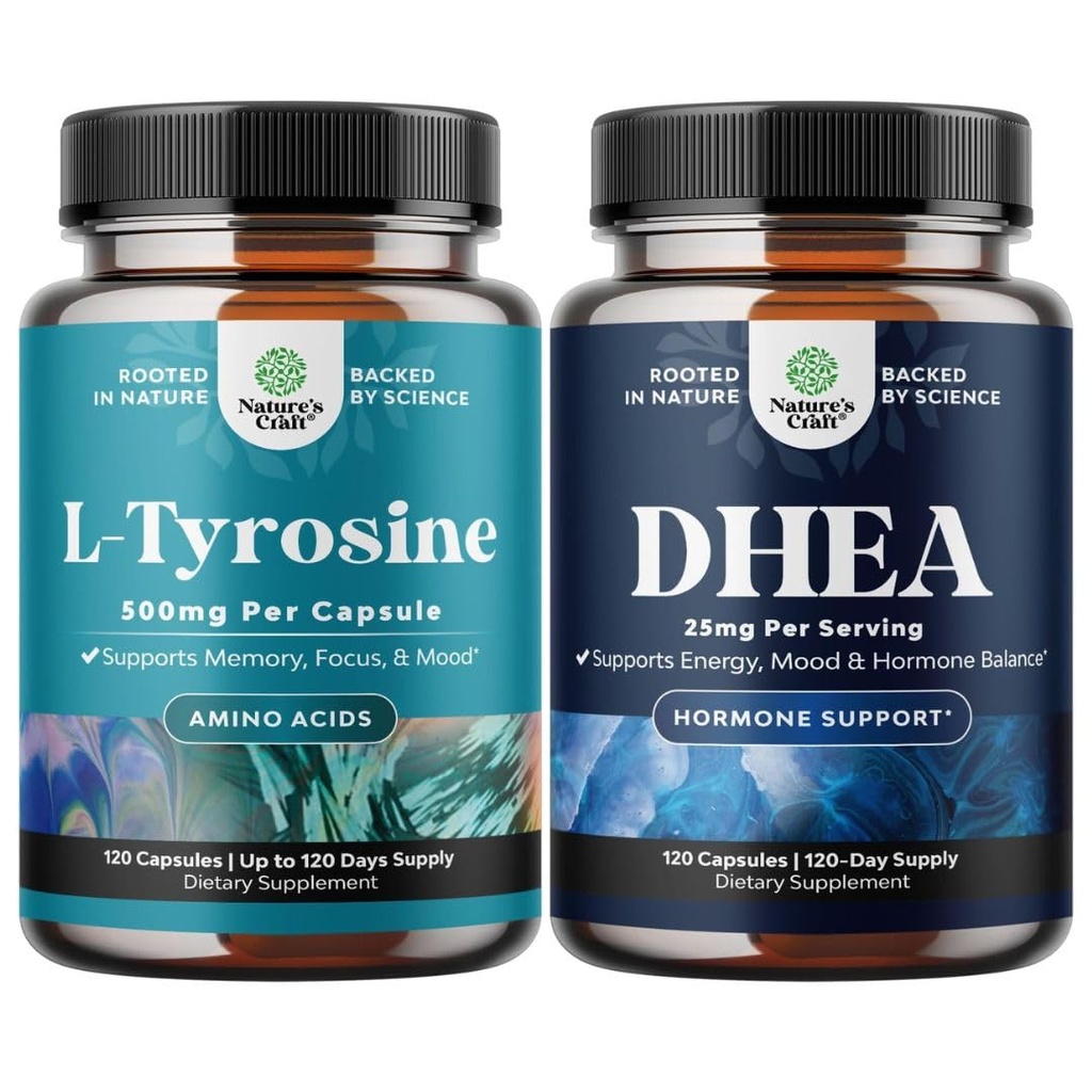 Bundle of Free Form L Tyrosine 500mg Kapseln - High Strength L-Tyrosine Ergänzung für Mental Energy und DHEA Ergänzung - Pure DHEA 25mg für Hormon Balance verbessert Mood Stabilität Immunsystem
