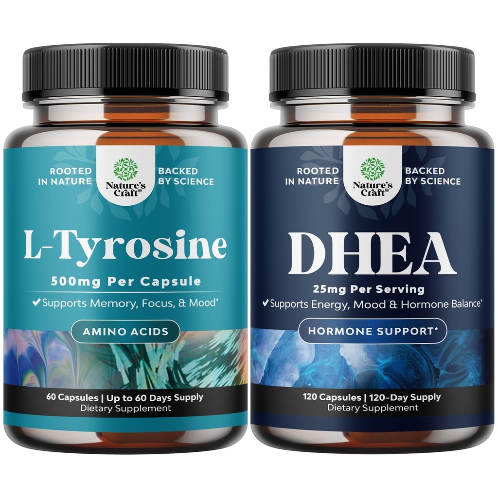 Bundle von Free Form L Tyrosin 500mg Kapseln für Psychische Energie & Fokus Unterstützung - Aminosäure Nootropic und DHEA Supplement - Pure DHEA 25mg für Hormone Balance verbessert Mood Stabilität Immunsystem