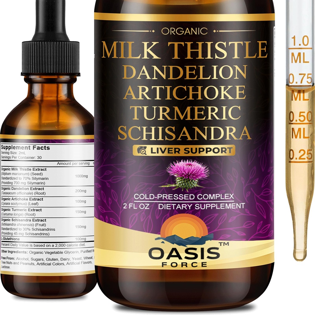 Bio Milchdistel Extrakt Flüssigkeit für Leberreiniger Detox & Repair, Silymarin Milchdistel Tropfen Ergänzung mit Dandelion & Artichoke für Leberunterstützung, Vegan, Alkoholfrei, 2 FL OZ