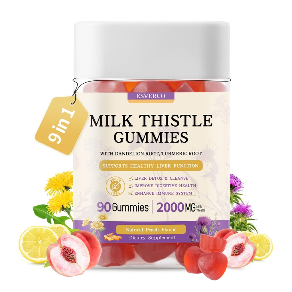 Milchdistel-Gummien mit 2000MG Extrakt, Leber-Gesundheit-Support-Gummien, Silymarin Milchdistel-Ergänzung mit Artichoke, Dandelion, Kurkuma, kein Zucker, für Erwachsene, Vegan, 90 Graf