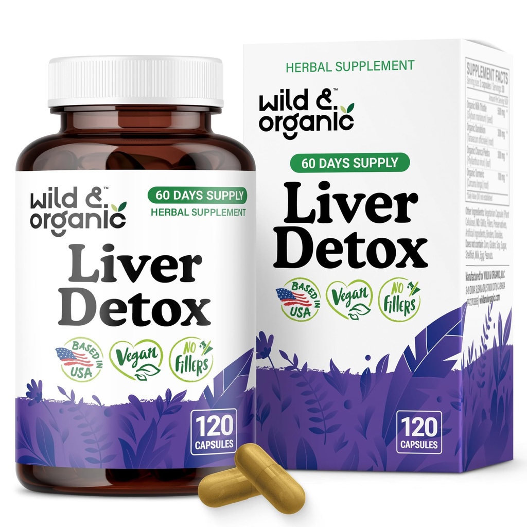 Wild & Organic Liver Detox Capsules - Milk Thistle, Dandelion Root, Turmeric Liver Cleanse Support - Silymarin Milk Thistle Supplement - 120 Vegan Capsules - 2-Monat Supply - Non-GMO
