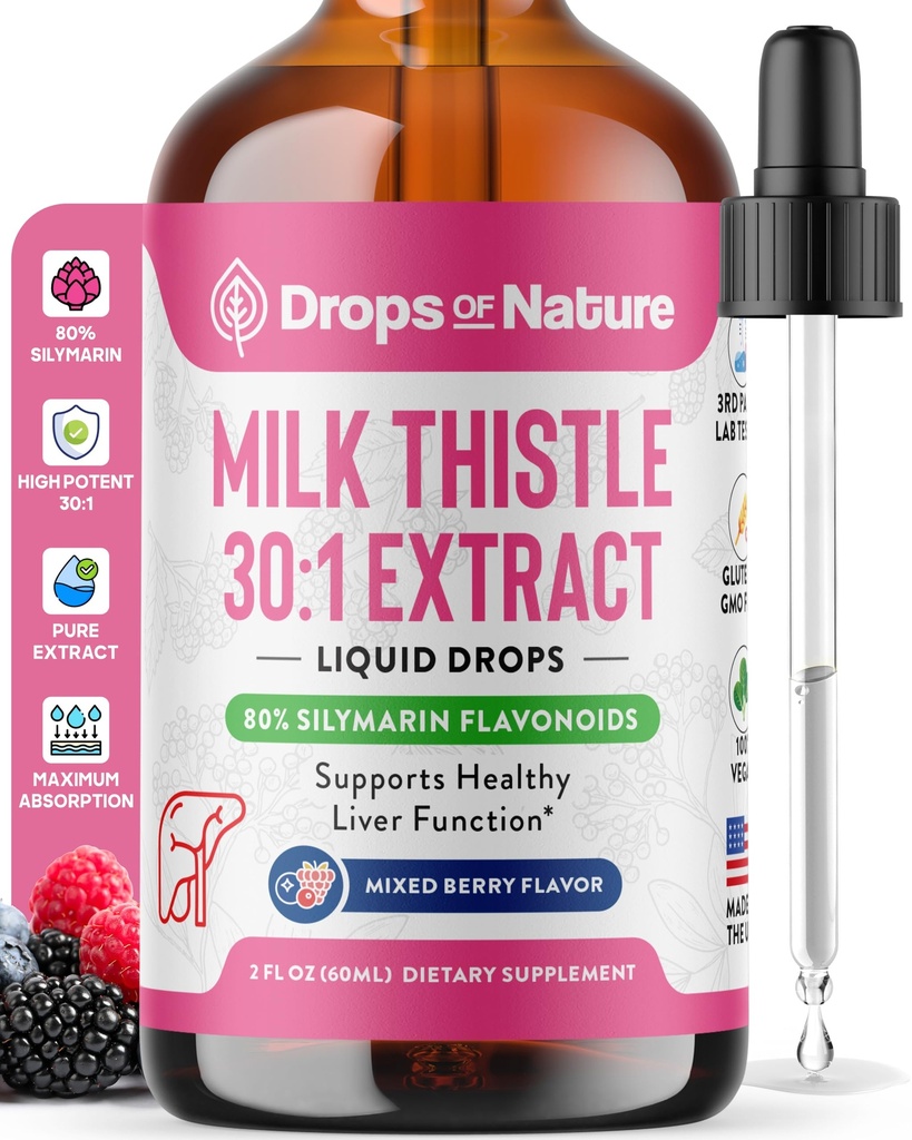 Milchdistel Tropfen mit 80% Silymarin Flavonoids – Vegan, Non-GMO, Fast-Absorbing – leicht mit Getränken mischen – Milchdistel-Ergänzung für Leber, Immunpflege und Antioxidantienunterstützung (Mixed Berry, 60 mL)