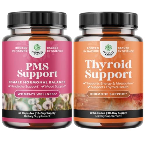 Bundle of PMS Unterstützung mit DIM Chasteberr, Black Cohosh Ashwagandha für Periode Cramps Menopause Mood Swing und Schilddrüsenunterstützung mit L Tyrosine Bladderwrack Selenium & Ashwagandha für Hormonbalance
