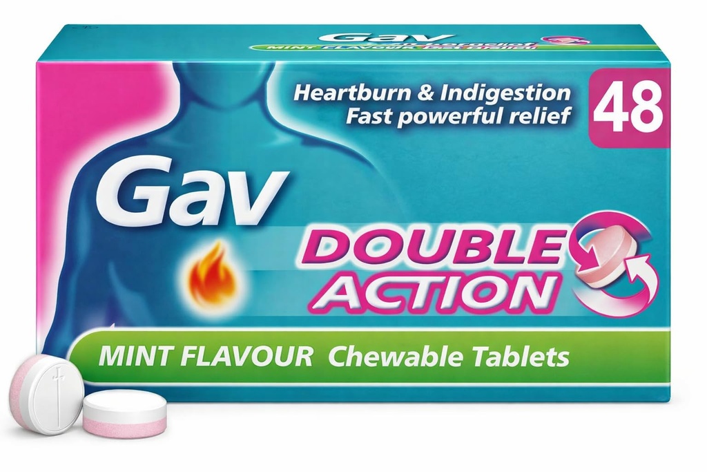 Double Action Kautabletten, Mint Flavor - Digestive Comfort & Acid Reflux Support - 48 Tabletten