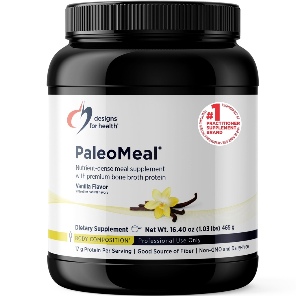 Designs für die Gesundheit PaleoMeal - Knochenbrühe Proteinpulver mit 17g Protein, Mahlzeit Ersatz Shake Diätetische Ergänzung mit aktivem Folat + Chelat Minerale, Vanille (15 Portionen / 480g)