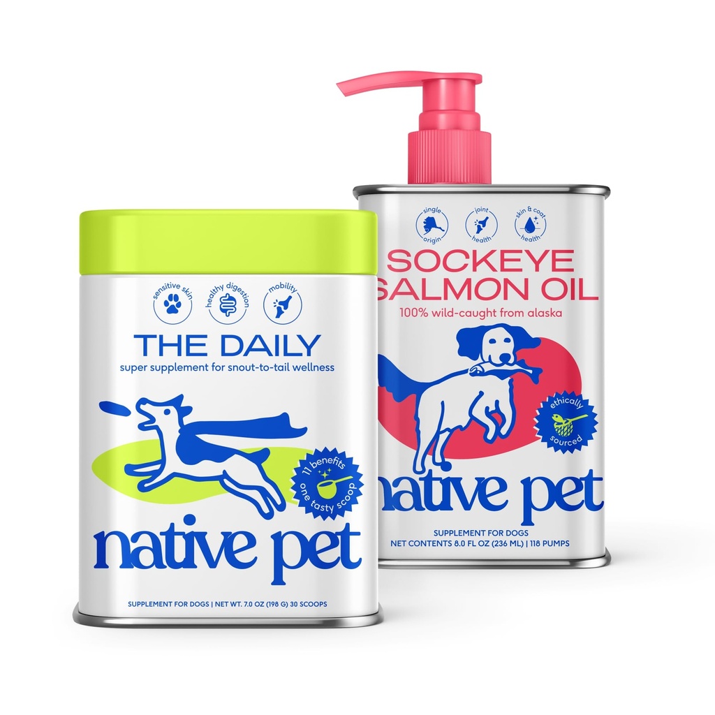 Native Pet The Daily Dog Supplement (30 Scoops) & Lachsöl für Hunde & Katzen (8 Oz) - 11 in 1 Multivitamin & reines Omega-3-Fischöl Supplement für Haut & Mantel, Joint, Herzgesundheit & Entzündungshemmer