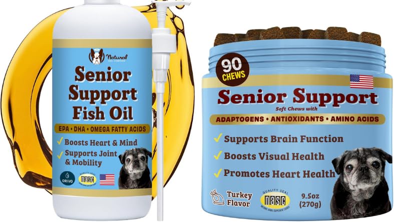 Senior Dog Bundle - Omega 3 Fischöl Flüssigkeit 16oz & Senior Wellness Chews 90ct - Unterstützung Mobilität, Gehirn, Herz & Auge Gesundheit mit Kurkuma, Lachs, Löwenmähne & Omega-3s