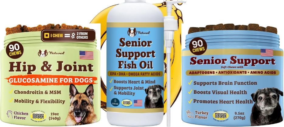 Senior Dog Bundle - Omega 3 Fischöl 16oz + Senior Wellness Chews 90ct + Hip & Joint Chews 90ct - Unterstützung Gelenke, Gehirn, Herz, Augen, Haut & Mobilität mit Omega-3s, Löwenmähne & G