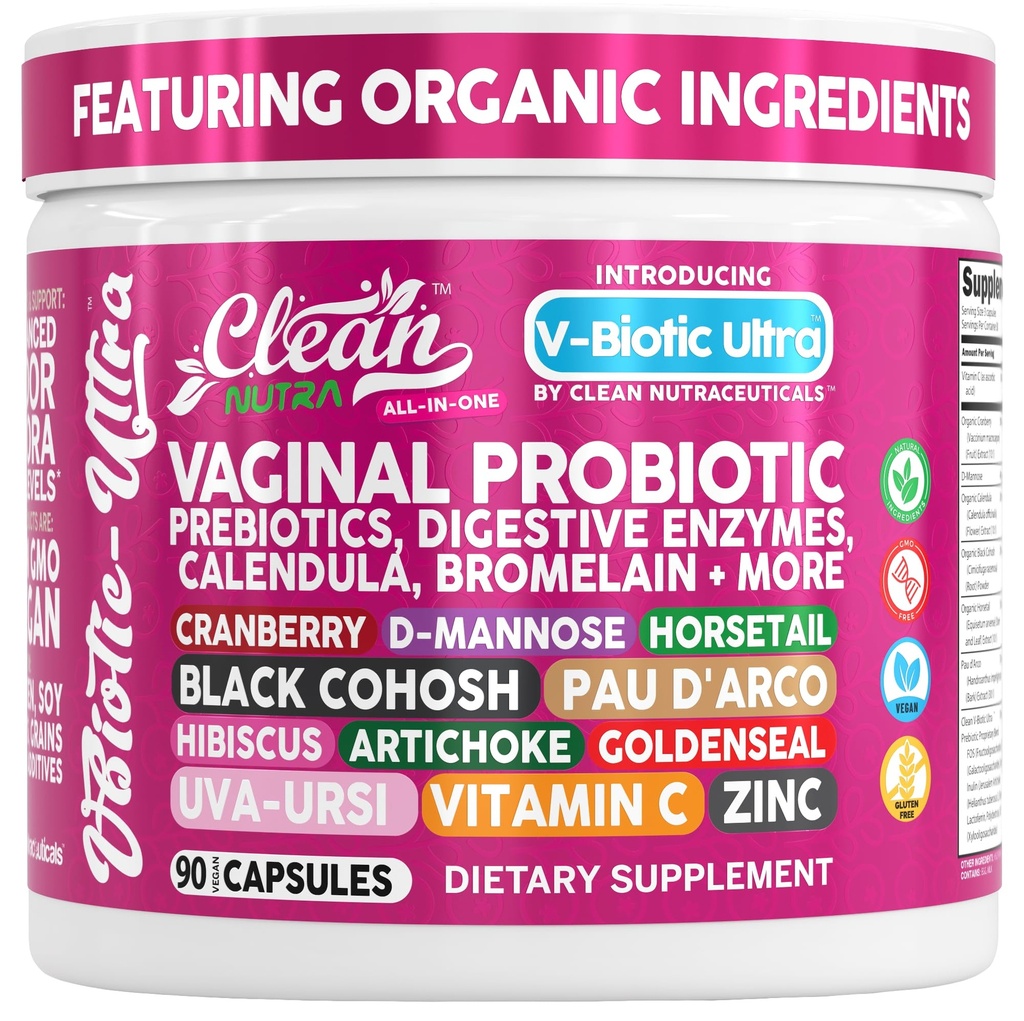 Saubere Nutra Vaginal Probiotika für Frauen + Präbiotika Verdauungsenzyme Bromelain Cranberry D Mannose Horsetail Black Cohosh Artischocken Hibiskus Blumen Probiotisch für Verdauungsgesundheit 90 Vegane Kapseln