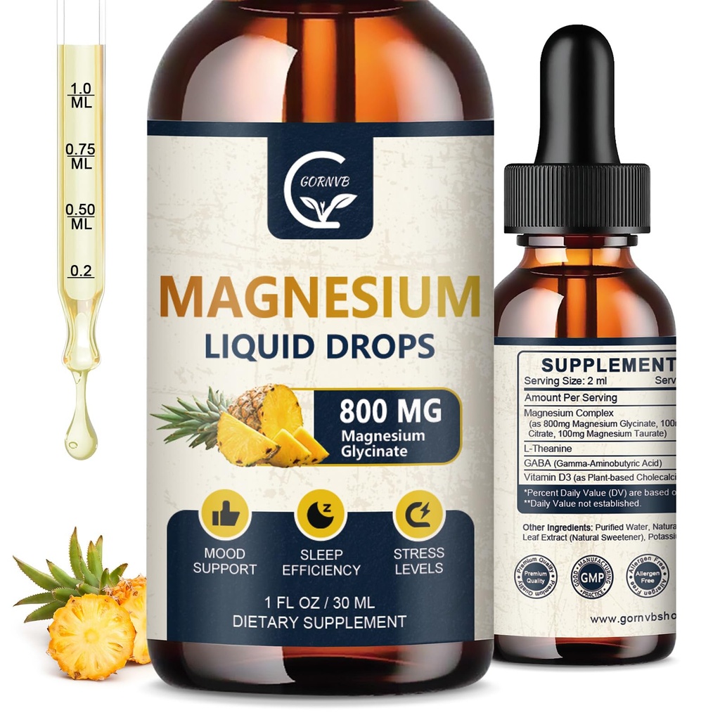 (2 Pack) Magnesium Glycinate Flüssigkeitstropfen | 1000mg Flüssiger Magnesiumkomplex mit D3, L-Thea & GABA für Energie, Schlaf, Nerven und Herzgesundheit, hohe Absorption, Ananas Flavor