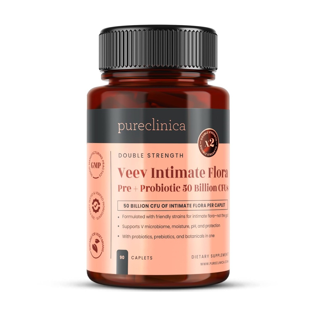 pureclinica Veev Intimate Flora - Vaginal & Gut Microbiome Support – 50 Billion CFU – Probiotics, Prebiotics, Cranberry, D-Mannose, Hyaluronic Acid – 90 Caplets – 3 Month Supply