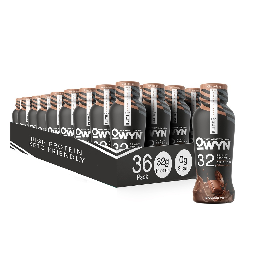 OWYN Nur was Sie brauchen Pro Elite Vegan High Protein Keto Shake, 32g Protein, 9 Aminosäuren, Omega-3, Präbiotika, Superfoods Grüns für Training und Erholung, 0g Net Carbs, Null Zucker (Schokolade, 12 Fl Oz (Paket von 36))