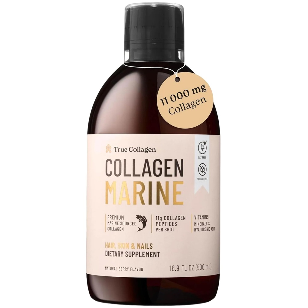 True Collagen Marine 11,000 mg Hydrolyzed Marine Collagen Liquid Supplement - 20 Day Supply, 500 ml | Peptides 1 & 3, Hyaluronic Acid, Biotin & Vitamin C for Healthy Hair, Skin, Joints & Nails