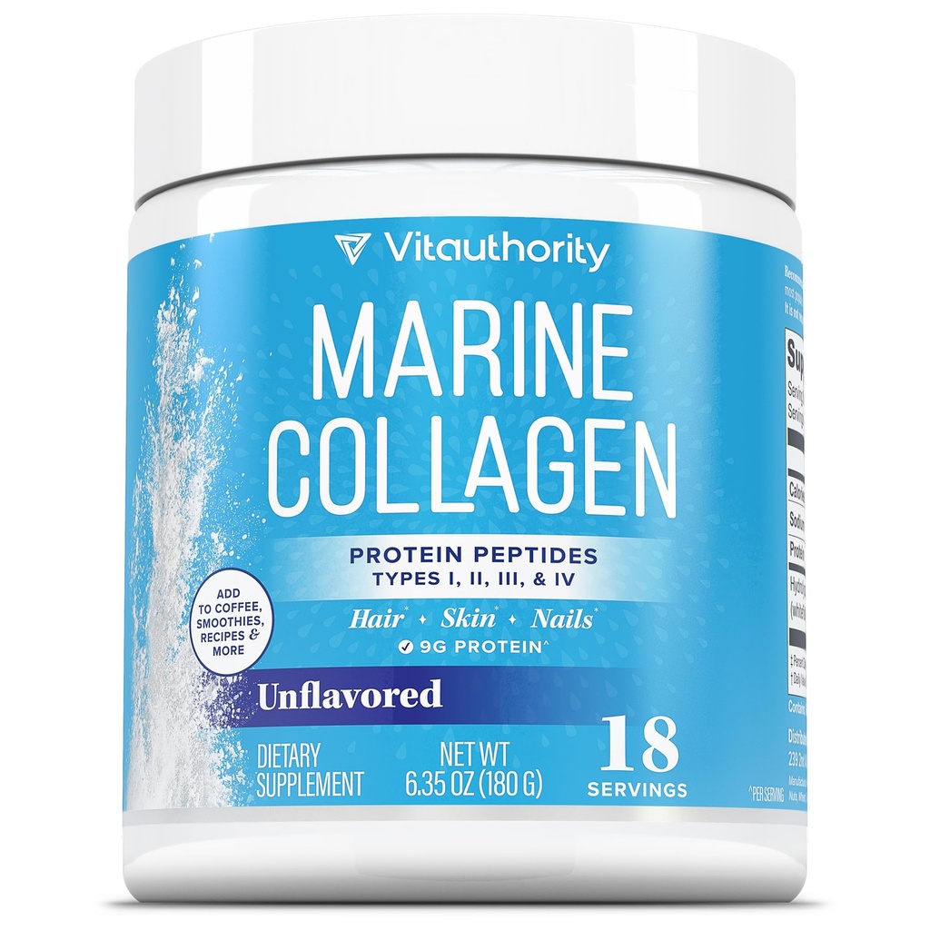 Vitauthority Marine Collagen Peptides Powder Supplement | Hydrolyzed Fish Collagen Peptides | 10,000mg per Scoop, 9g Protein, Skin, Hair, Nail Sustainably Sourced Whitefish | Unflavored 18 Servings