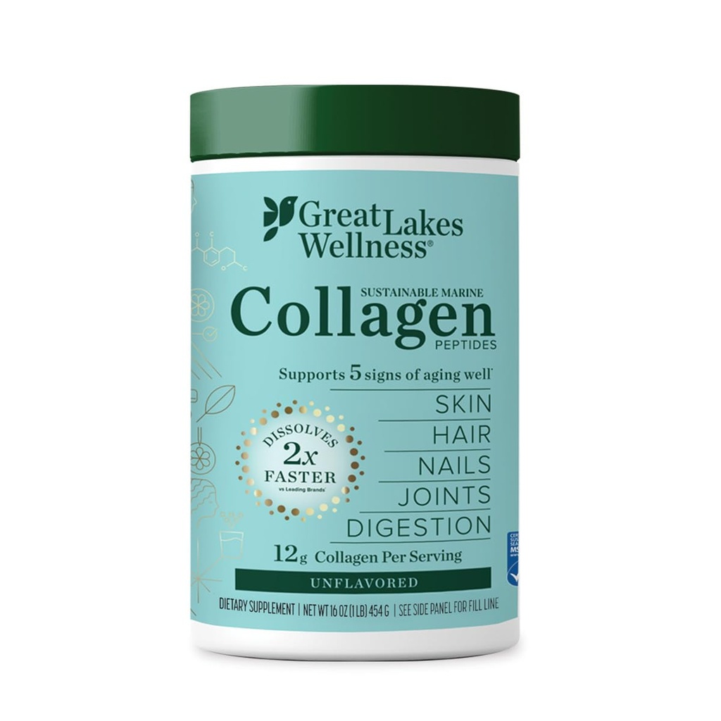 Great Lakes Wellness Sustainable Marine Collagen Peptides - Wild Caught MSC Certified - Unflavored Hydrolyzed Protein Powder - Support for Skin, Hair, Nails, Joints & Digestion - iGen Non-GMO - 16 oz