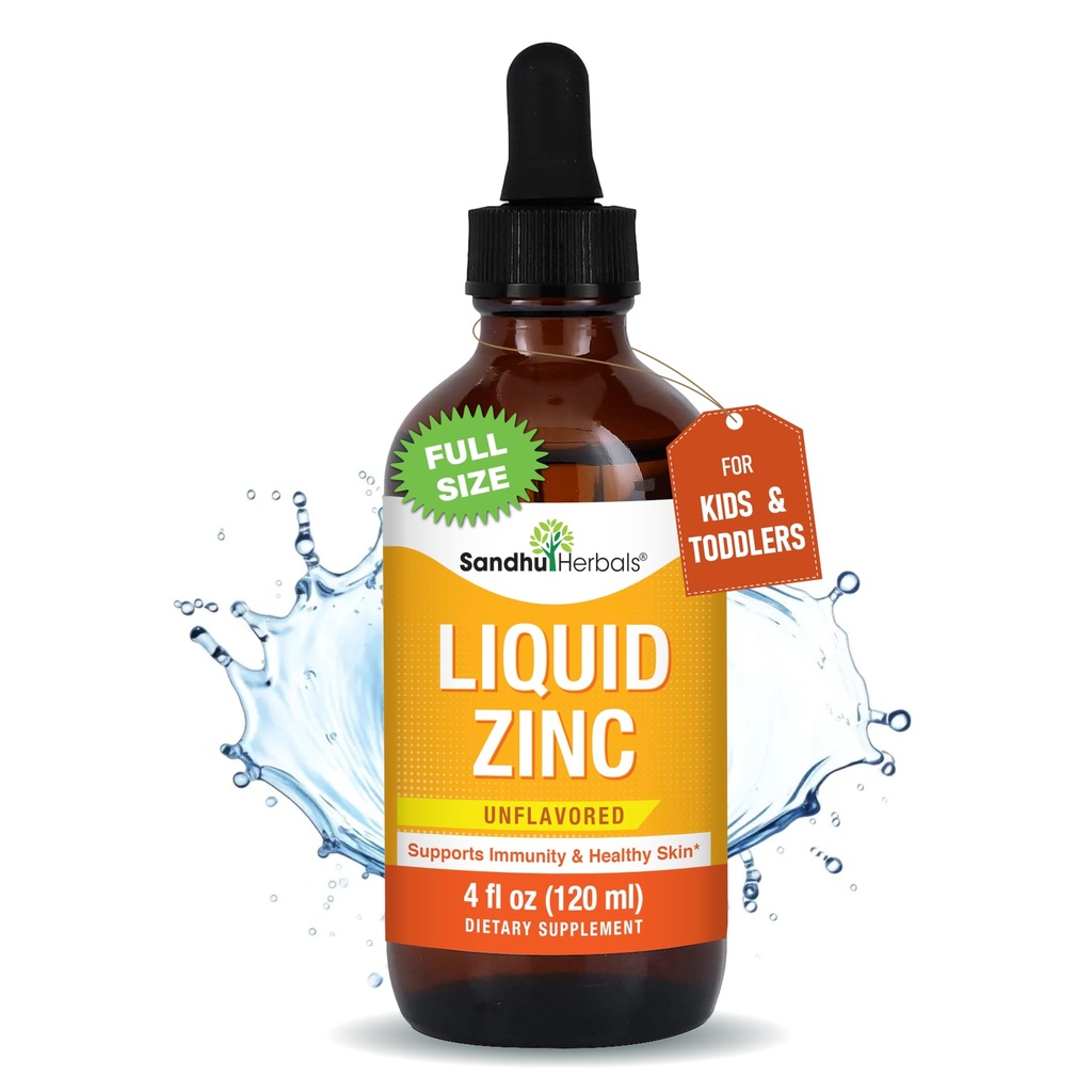 SANDHUHERBALS Flüssiges Zink für Kinder, Kleinkinder und Babys | 4 Fl Oz Große Glasflasche | Ionic Zink ergänzt Sulphate Tropfen | Immununterstützung | Einfach zu nehmen, Wasser löslich | Unflavored