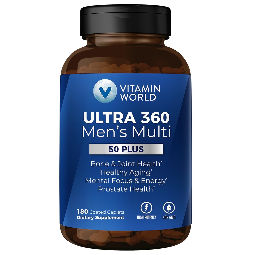 Vitamin World Ultra 360 Multivitamin for Men 50 Plus, Men's 50+ Multivitamin with Minerals & Herbs for Prostate Function, Supplement with Vitamin A, C, D, E & Zinc for Healthy Aging, 180 Caplets