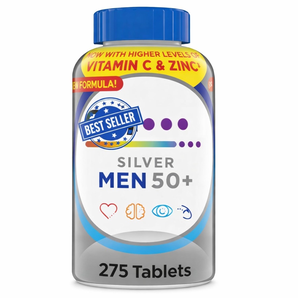 Silver Men’s 50+ Plus Daily Multivitamin – Multimineral Supplement with Vitamin D3, Zinc, B Vitamins & Antioxidants, Supports Heart, Muscle & Immune Health – 275 Tablets