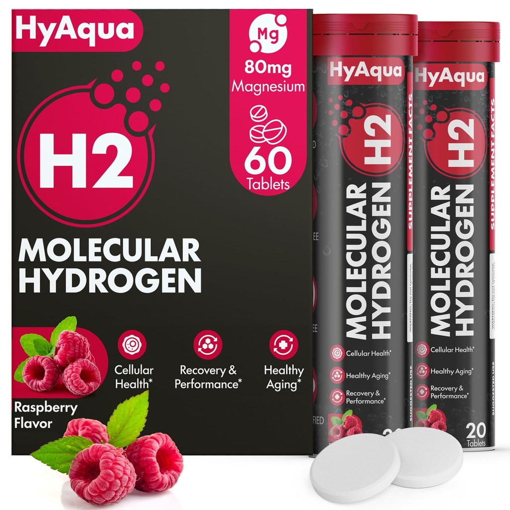 Hydrogen Water Tablets with Magnesium - 12 PPM Molecular Hydrogen Tablets for Drinking Water, Rich in Antioxidants, Supports Cellular Health, Anti Aging & Cognitive Function (60 Counts, Raspberry)