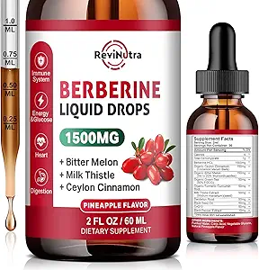 Berberine HCL Flüssigkeitstropfen, 1500mg Berberine Ergänzung mit Ceylon Cinnamon, Bitter Melon, Milchdistel für Immun, Verdauungssystem & Herzgesundheit, 2 Fl Oz, Zuckerfreie Ananas Flavor