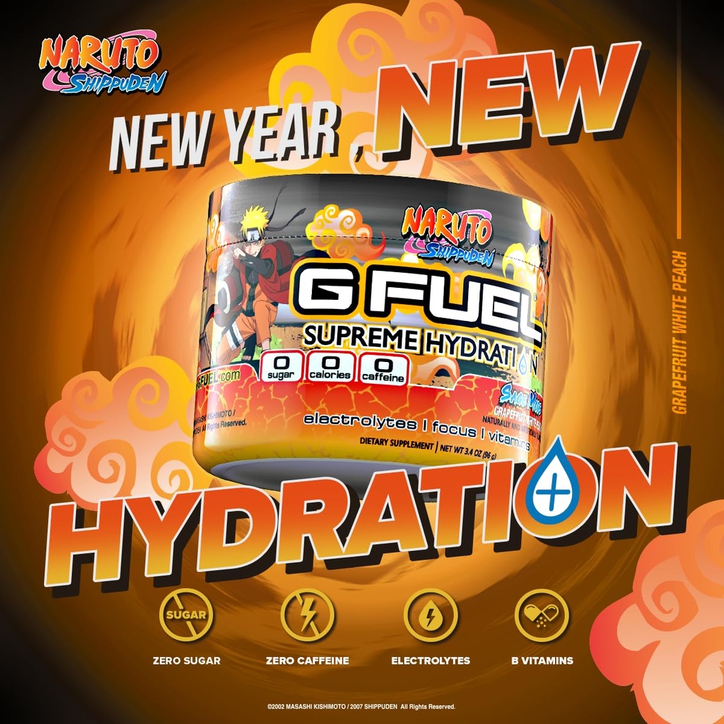 G Fuel Naruto Sage Supreme Hydration, Elektrolyt-Pulver-Mischung für Energie & Fokus, Zucker & Koffein Kostenlose Ergänzung mit essentiellen Vitaminen & Minerals, Grapefruit WhitePeach Flavor, 3.3 oz - 30 Servierungen