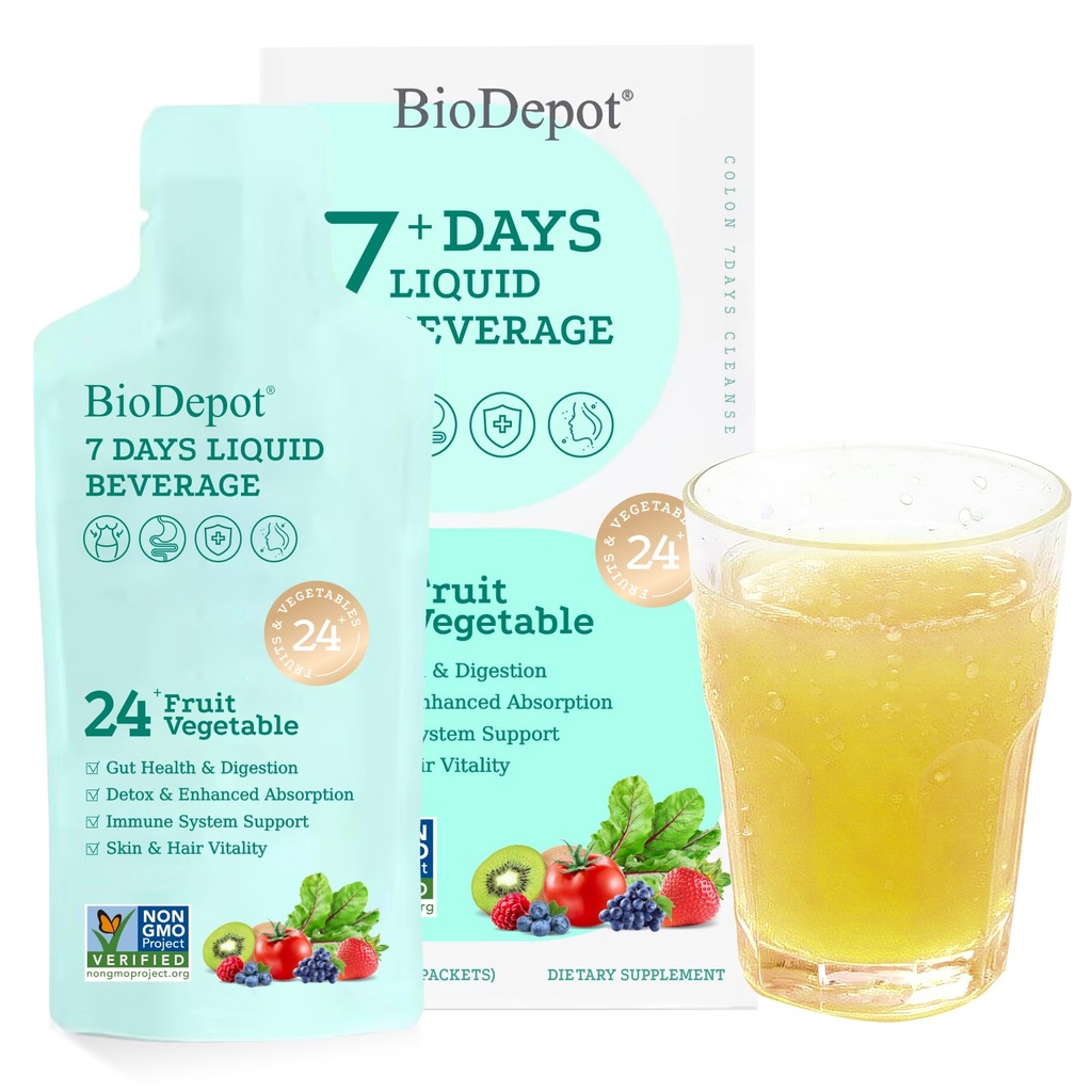 7 Days Colon Cleanse Liquid Beverage Gut Health Detox & Clean for Women & Men, 24 Fruit Vegetable Complex Probiotic Drink for Bowel Movements, Immune Support, Gut Flora Improvemen Supplement