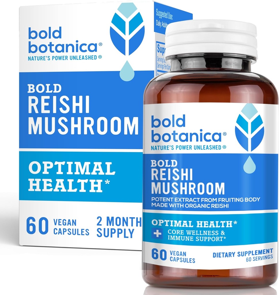 Bold Botanica Reishi Mushroom Capsules - 100% Fruchtkörper - Concentrated Organic Reishi Extract for Immune Support & Core Wellness - No Mycelia & No Grain - 60 Vegan Capsules
