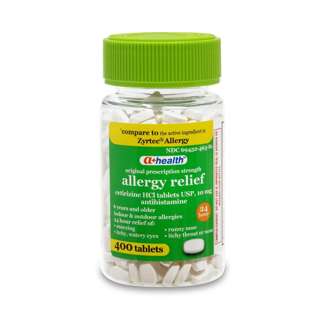 A + Gesundheit Cetirizin HCl 10mg Tabletten, 24-Stunden-Allergie, Antihistaminikum, Indoor & Outdoor-Allergien, Linderung von Niesen, juckende Hals, wässrige Augen, 400 Count