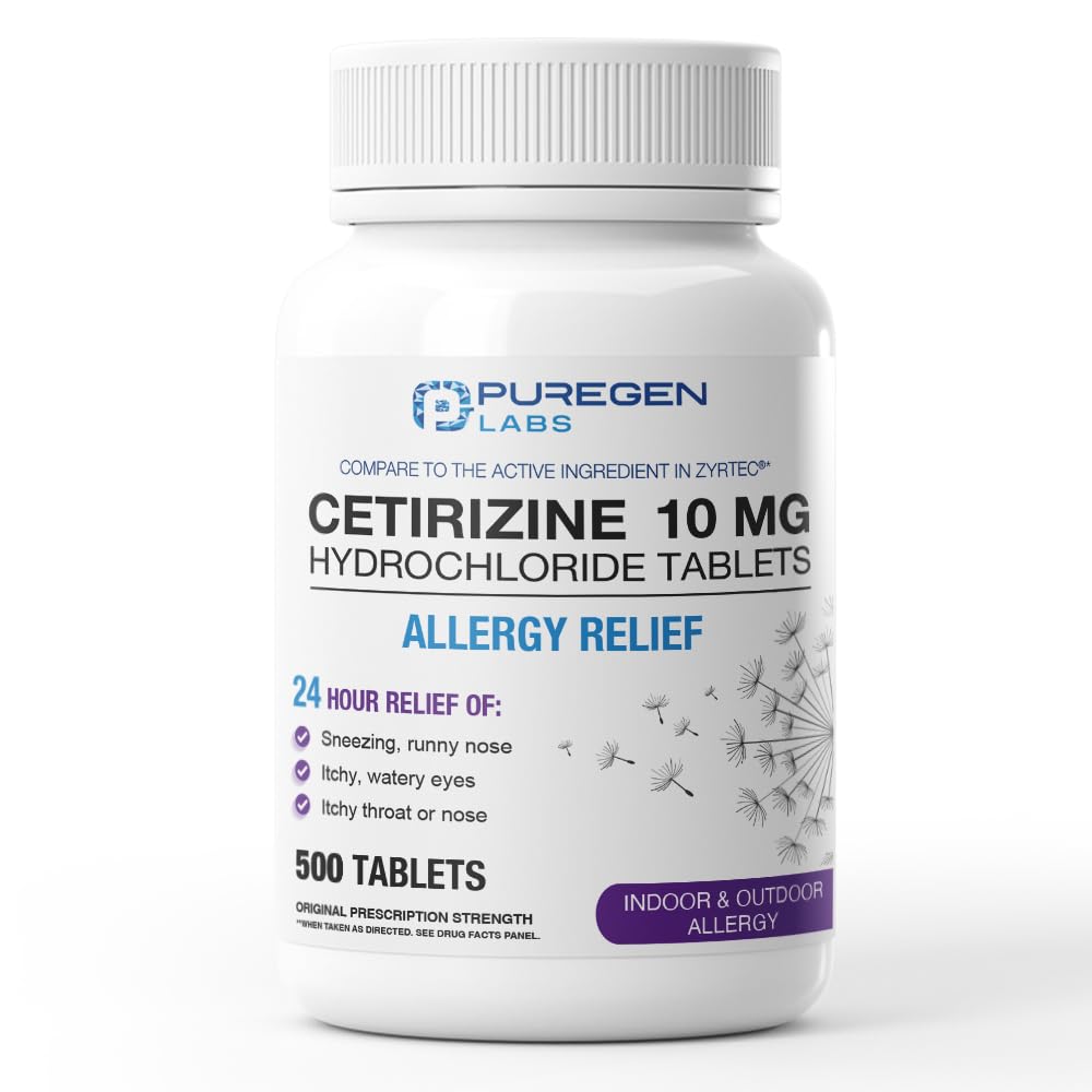 Puregen Labs 24-Stunden-Allergie Relief, Cetirizin 10mg 500 Tabletten - 24 Stunden nicht schläfriges Antihistamin-Allergie-Medikament für reizende Nase, Niesen, juckende, wässrige Augen