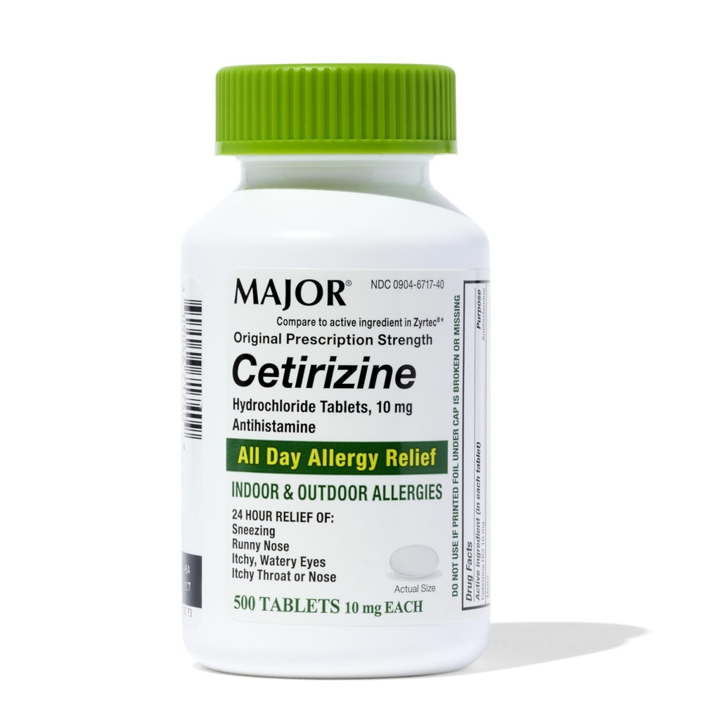 MAJOR Cetirizin Hydrochlorid Tabletten 10 mg - Antihistaminikum für Innen- und Außenallergien - 24-Stunden-Allergie Linderung von den Symptomen von Heuschnupfen und oberen Atemwegsallergien - 500 Count