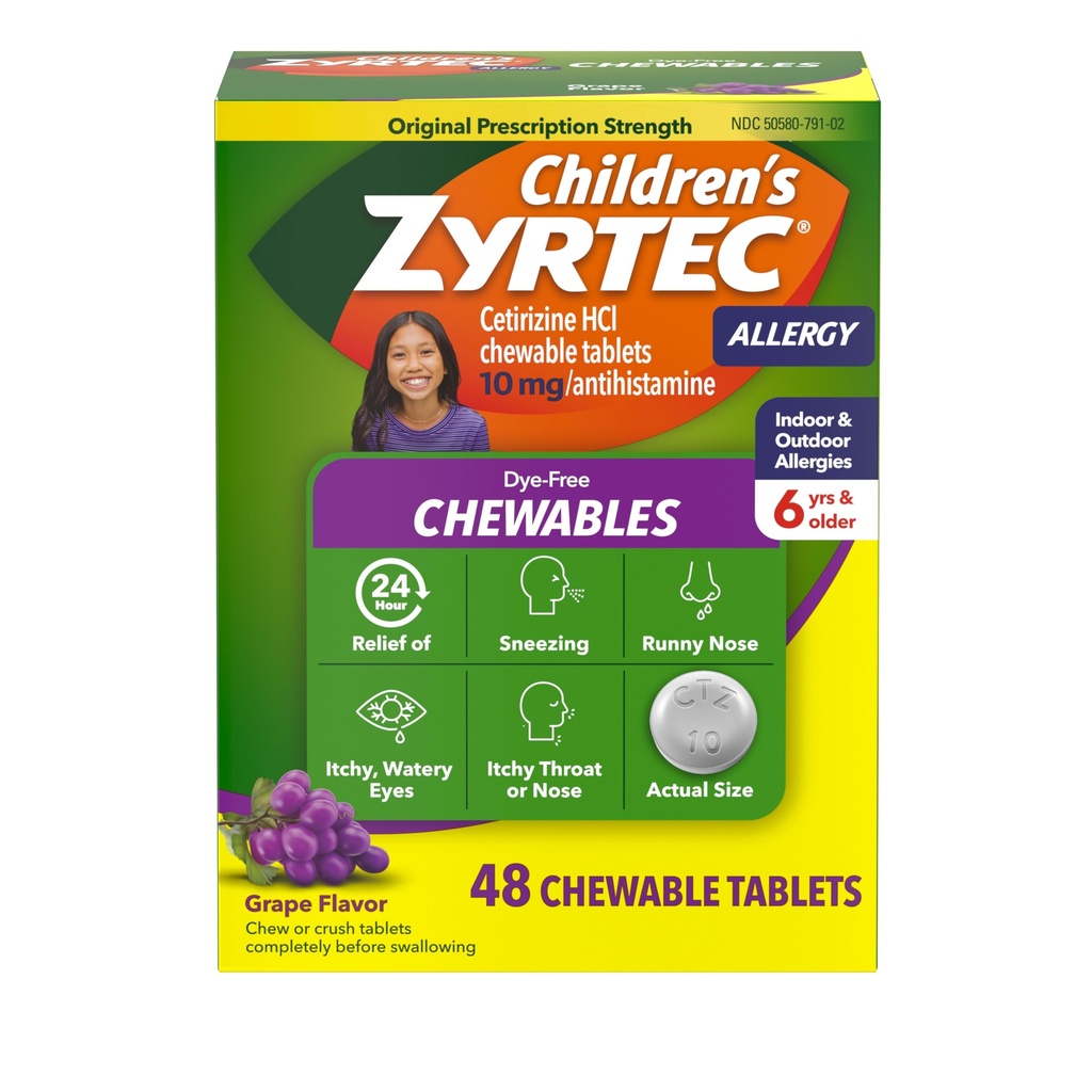Zyrtec Kinder Dye-Free Chewables für 24 Stunden Allergie Relief, 10 mg Cetirizin Hydrochlorid Antihistamin-Tabletten, Kinder Allergie Medizin lindert Niesen & Juckreiz Hals, Trauben, 48 ct