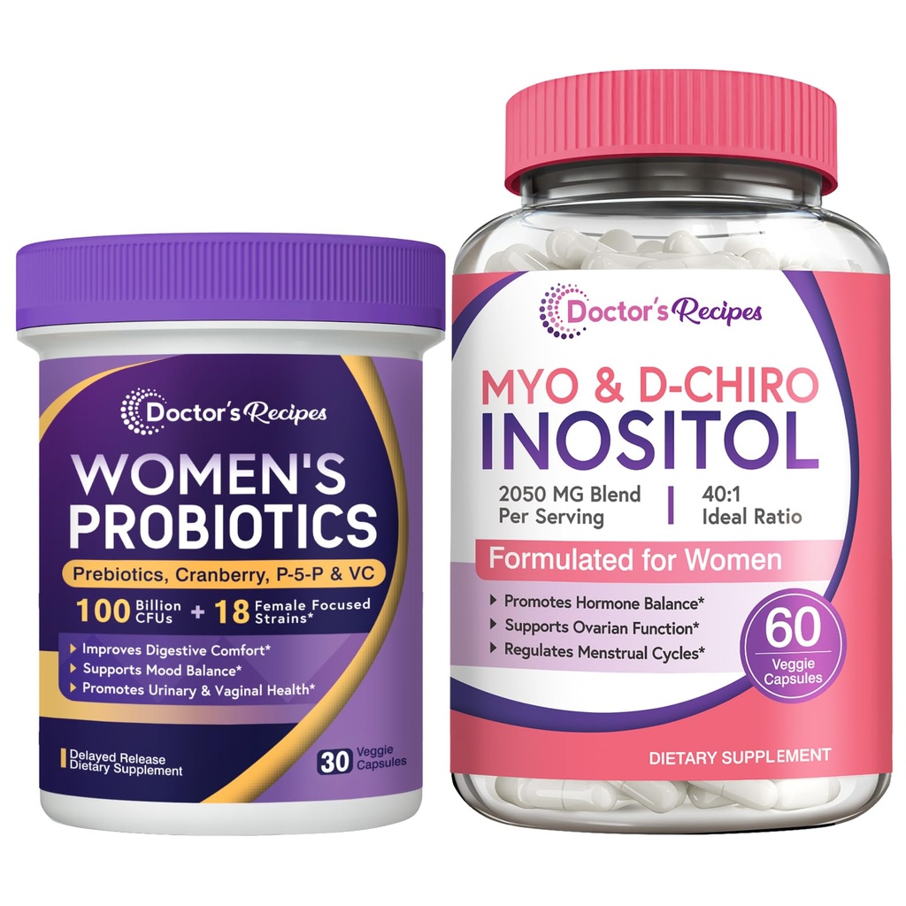 Doctor's Recipes Women's Health Bundle: Probiotics 100 Billion CFU + Inositol 2050mg, Complete Support for Digestive, Vaginal, Hormonal Balance & Fertility, 90 Vegan Caps Total