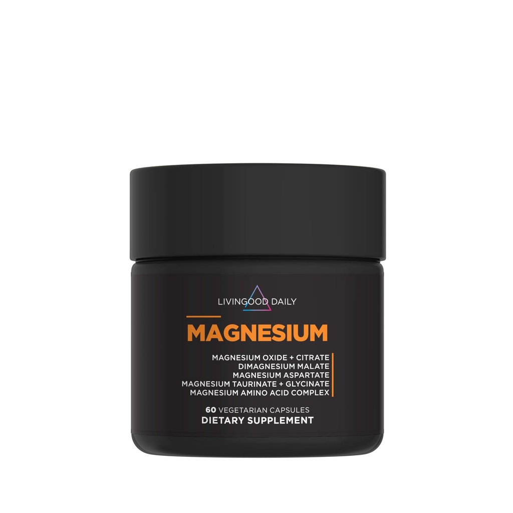 Livingood Daily Magnesium Supplement with Magnesium Glycinate, Citrate, Malate, Oxide, Aspartate, Amino Acid Complex and Chicory Root for Heart Health, Sleep and Muscle Support, 300mg, 60 Capsules