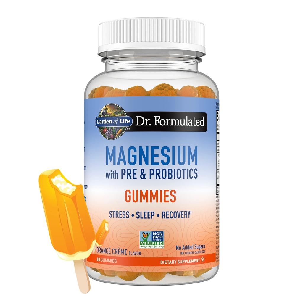Garden of Life Magnesium Citrate Supplement Gummies with Prebiotics & Probiotics for Stress, Sleep & Recovery - Vegan, Gluten Free, Kosher, Non-GMO, No Added Sugars, Orange Cream Flavor, 60 Count