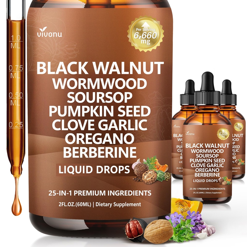 VivoNu 25-in-1 Liposomal Black Walnut Wormwood Clove Tincture, 3 Bottle