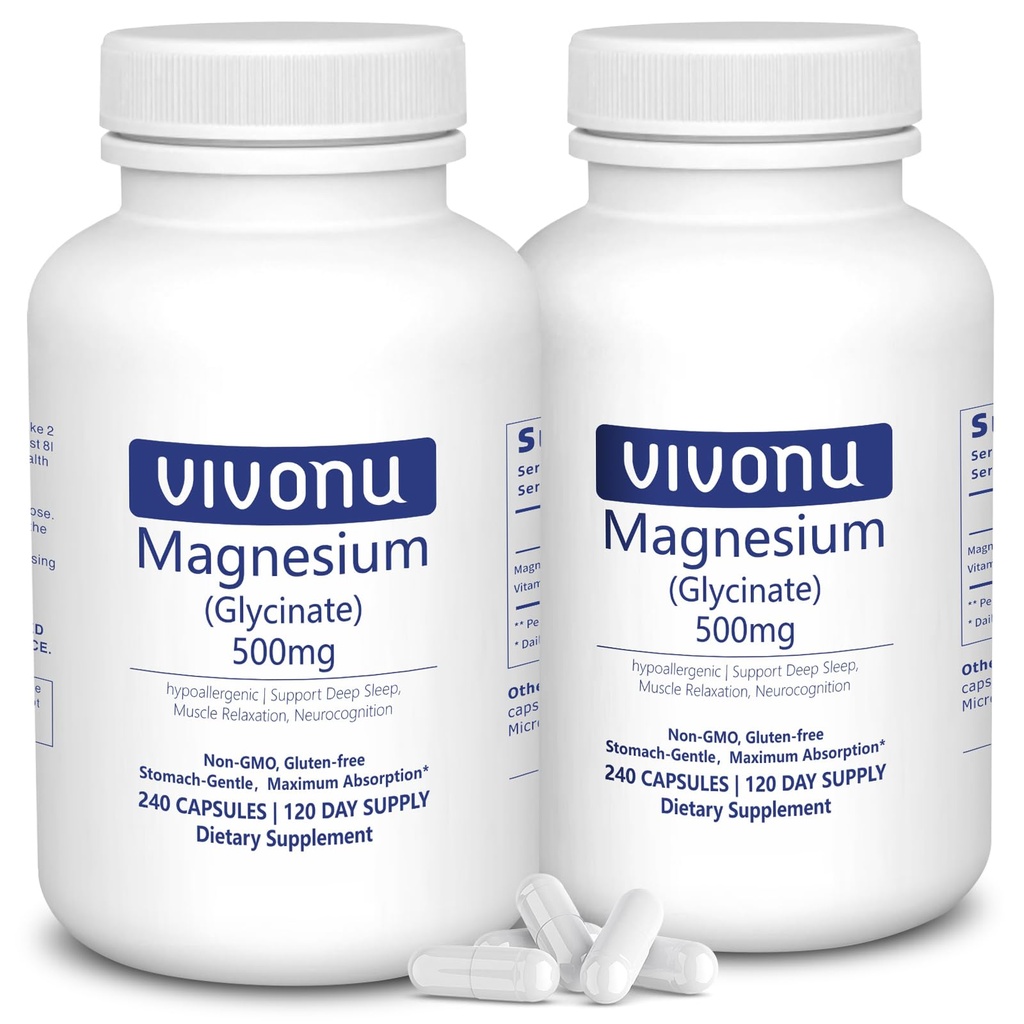 VivoNu Magnesium Glycinate 500mg, Magnesium Supplement with Vitamin B6 for High Absorption, Supports Stress* Relief, Sleep, Muscle, Calm, Relaxation, Nerves* & Metabolism, Non-GMO, 240 Capsules