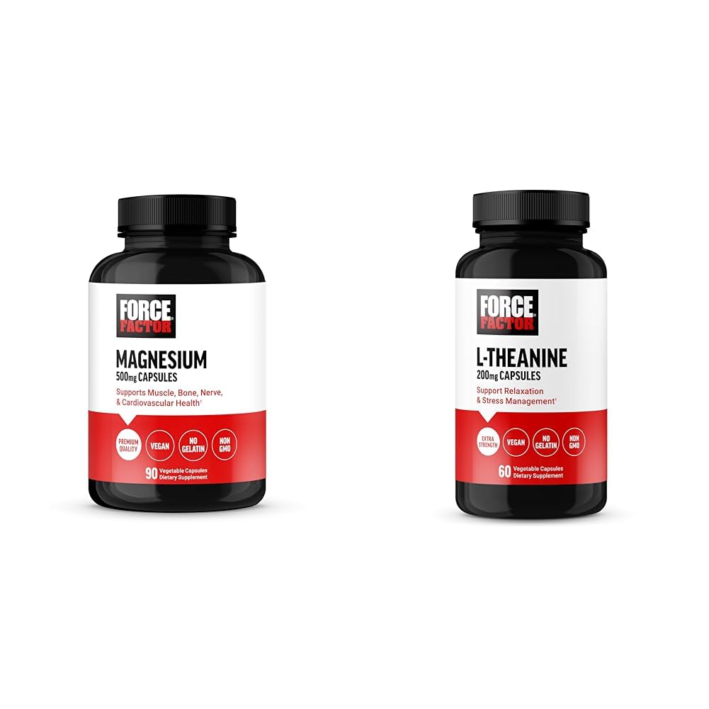 Force Factor Magnesium Supplement 500mg 90 Capsules and L Theanine Stress Relief 60 Capsules Bundle