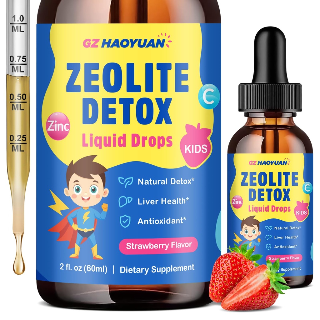 Zeolite Detox for Kids & Adults, Liquid Zeolite Detox Drops with Clinoptilolite, Vitamin C, Zinc, NAC & Milk Thistle – Supports Gentle Liver & Gut Cleansing, Energy & Immunity, Strawberry, 2 Fl Oz