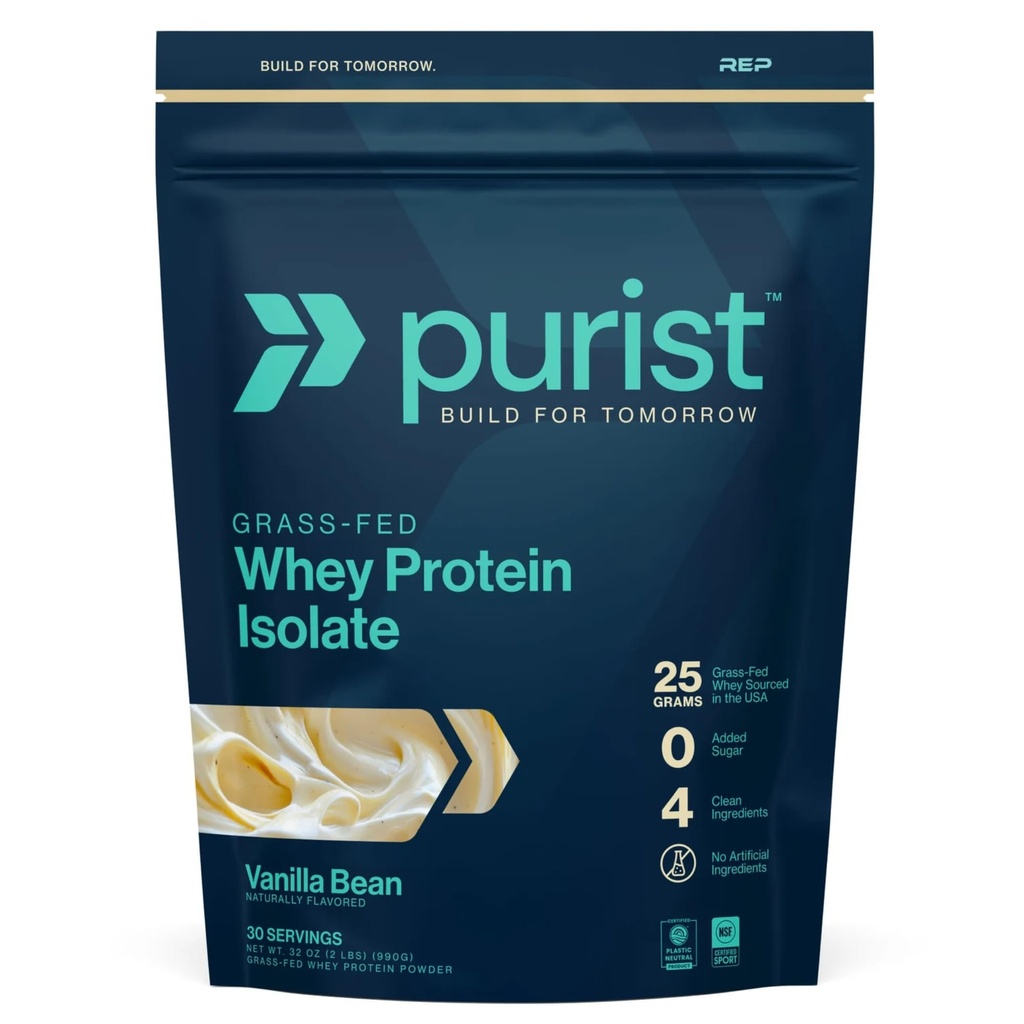 PURIST REP Whey Protein Powder, Premium Vanilla Grassfed Isolate,Workout Recovery, Keto Friendly, Clean Nutrition Meal Replacement, Promotes Lean Muscle, Sugar and Gluten-Free Women Men, 2 Lb