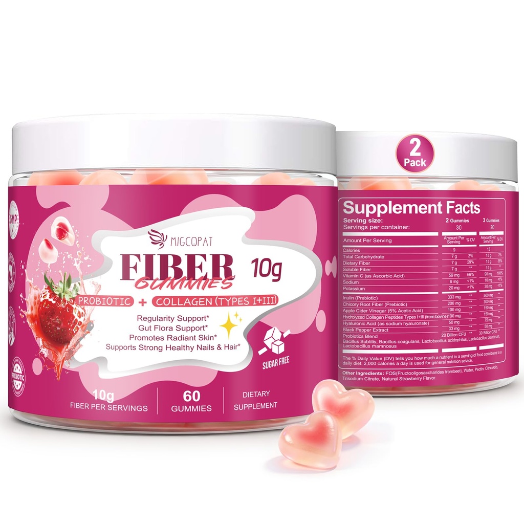 Migcopat 10G Fiber Gummies, with Collagen Peptides, Hyaluronic Acid, Vitamin C, ACV & 30 Billion CFU Probiotics – Sugar Free Collagen Gummies for Skin, Hair & Nails – Digestive Support – 120 Cts