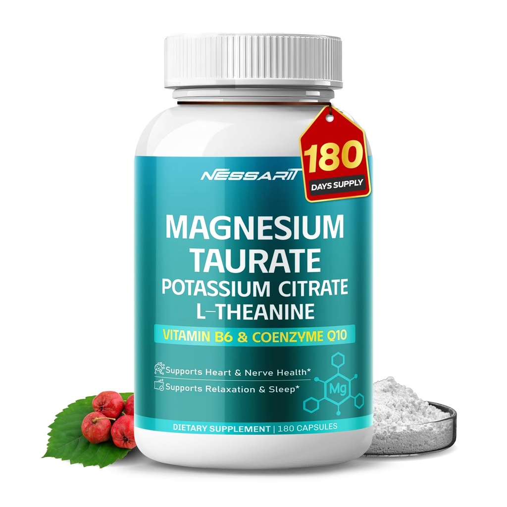 Magnesium Taurate Complex – 1,885mg with Potassium, L-Theanine, Hawthorn Berry & CoQ10 – Supports Heart, Nerve & Sleep Health – 180 Capsules*