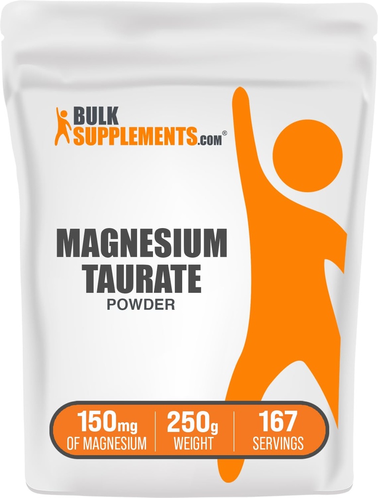 BulkSupplements.com Magnesium Taurate Powder - Magnesium and Mineral Supplement, Heart and Nerve Health Support - Gluten Free, 150mg of Magnesium per Serving, 250g (8.8 oz) (Pack of 1)