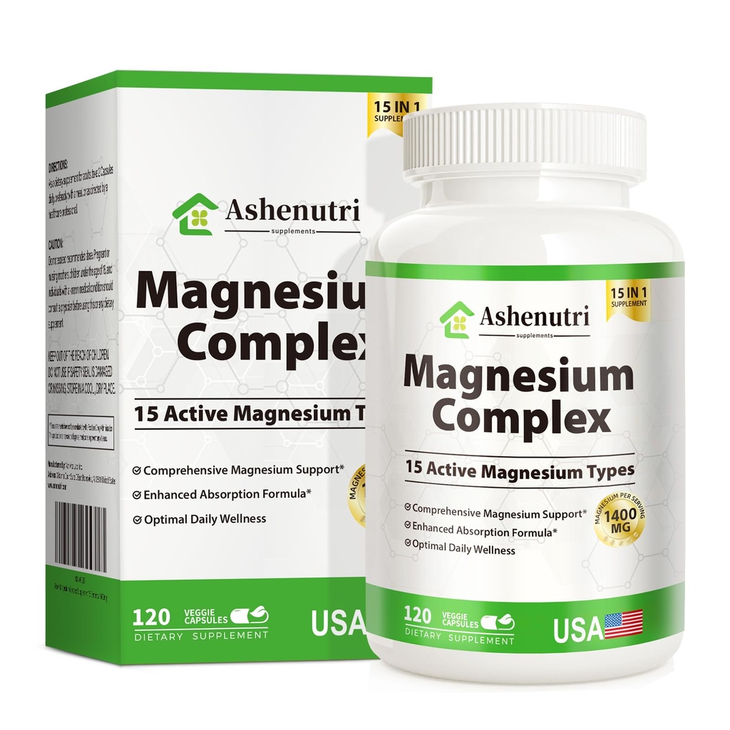 Magnesium Complex with 15 Types Magnesium Glycinate Citrate Malate Taurate Oxide Carbonate Chloride Orotate Magnesio Muscle, Heart, Relaxation & Nerves 120 Vegan Capsules, 60-Day Supply
