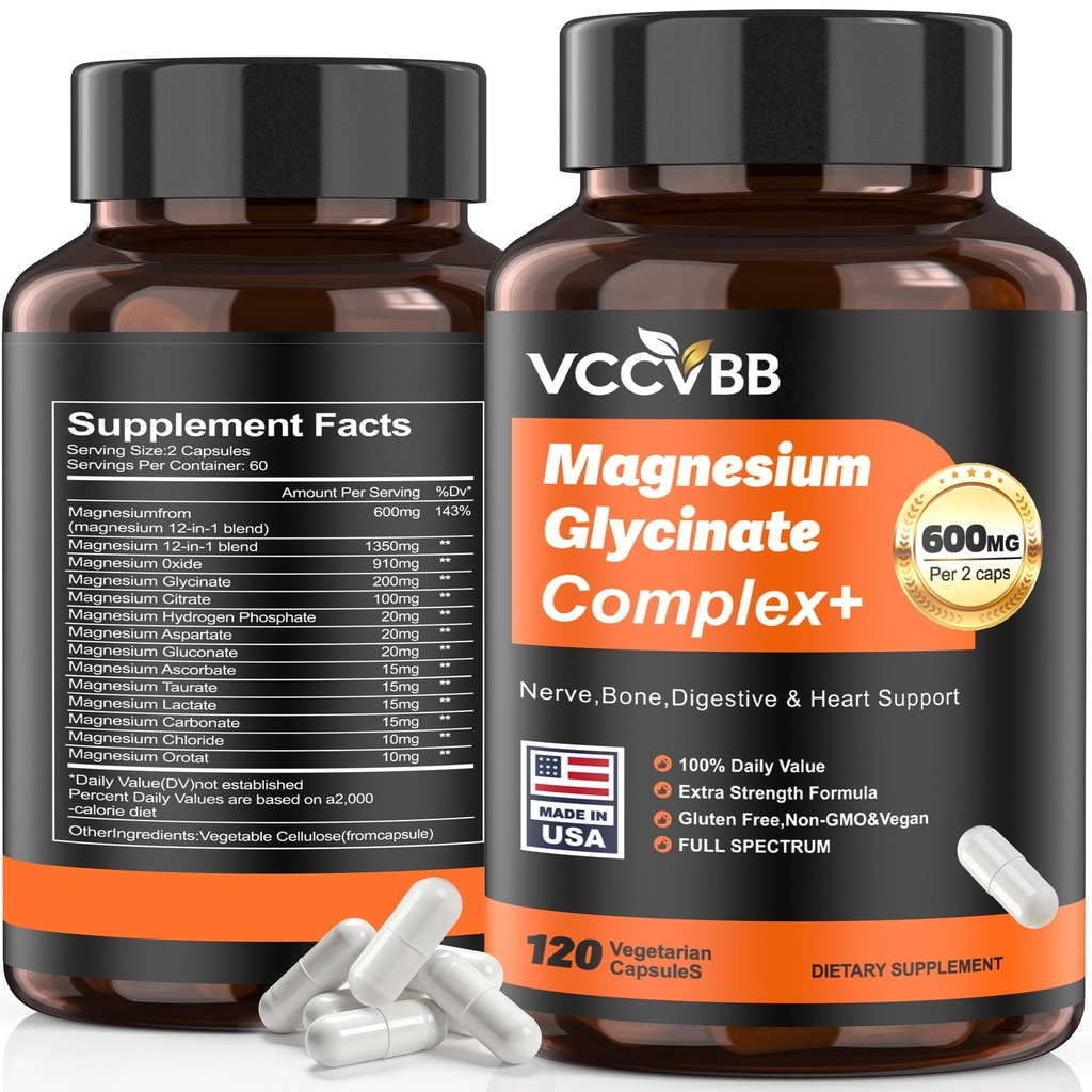 Magnesium Complex for Women & Men 600mg, 12-in-1 High Absorption Magnesium Glycinate, Citrate, Malate & Taurate | Relieve Cramps, Stress, Sleep | Heart, Bone & Nerve Health | 120 Vegan Capsules