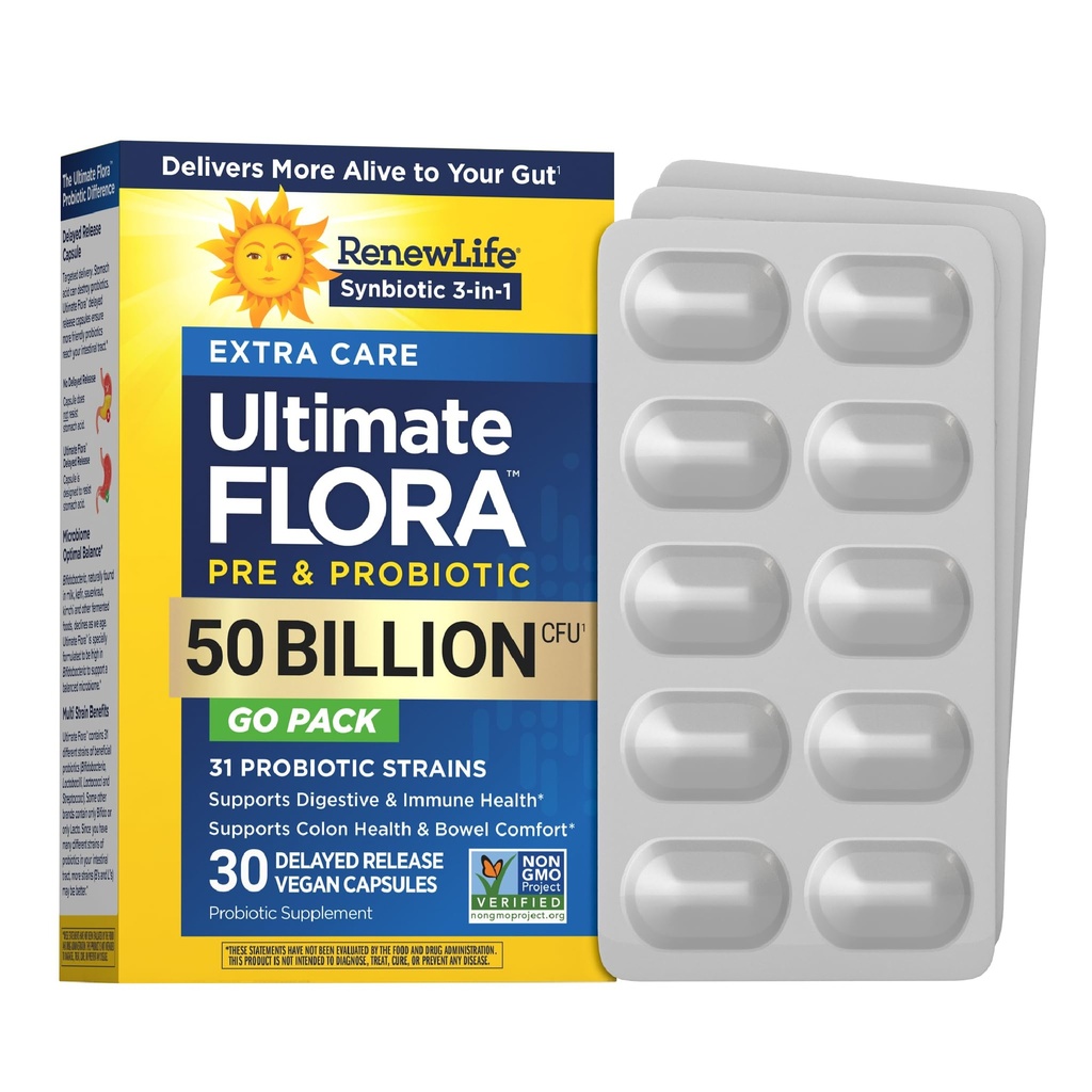Renew Life Extra Care Go-Pack Probiotic Capsules, Tägliche Ergänzung unterstützt Immun-, Verdauungs- und Atemgesundheit, L. Rhamnosus GG, Dairy, Soy und glutenfrei, 50 Billion CFU, 30 Ct