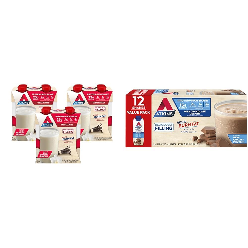 Atkins Vanilla Cream Meal Size Protein Shake, 23g Protein, Low Glycemic & Milk Chocolate Delight Protein Shake, 15g Protein, Low Glycemic, 2g Net Carb, 1g Sugar, Keto Friendly, 12 Count