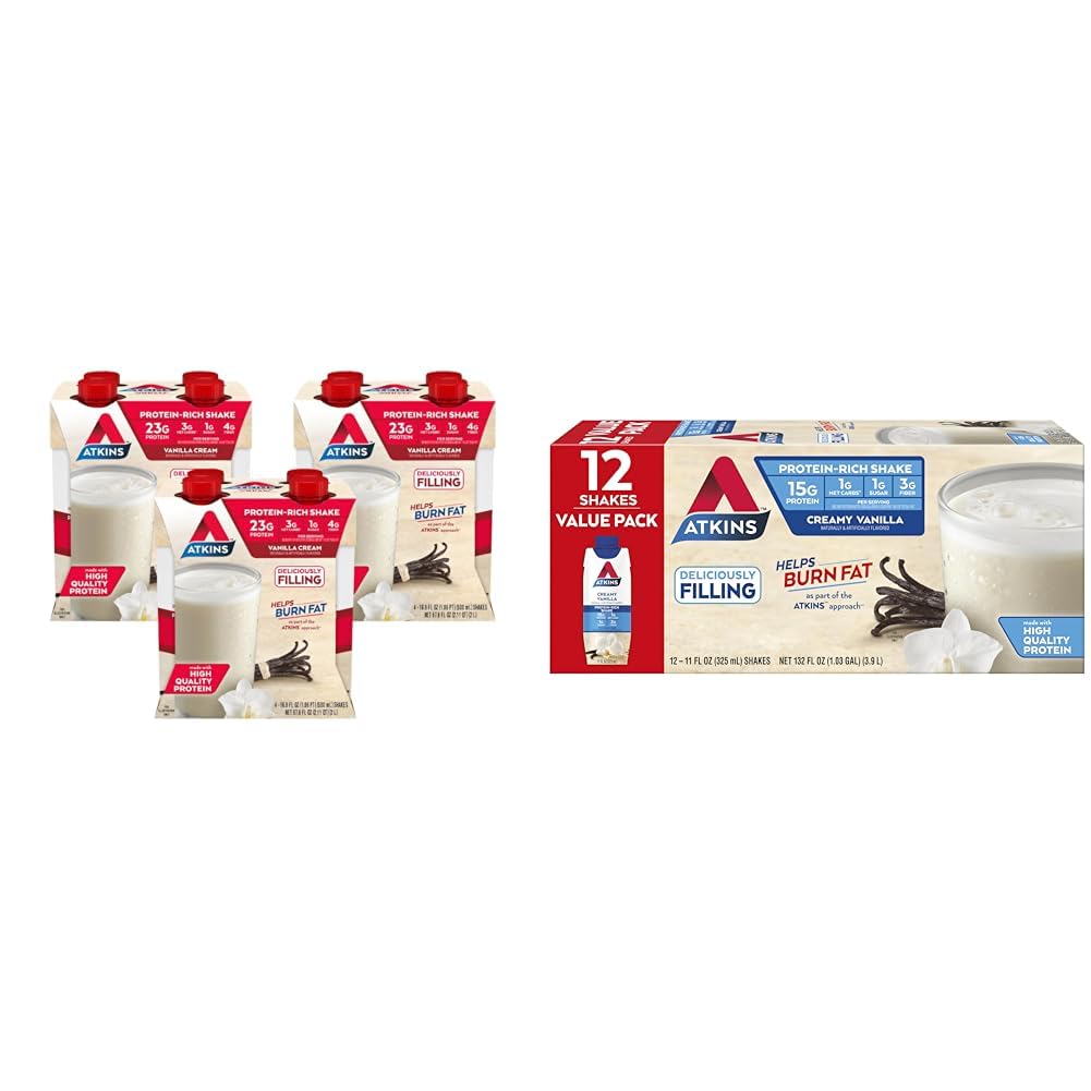 Atkins Vanilla Cream Meal Size Protein Shake, 23g Protein, Low Glycemic, 3g Carb & Creamy Vanilla Protein Shake, 15g Protein, Low Glycemic, 2g Net Carb, 1g Sugar