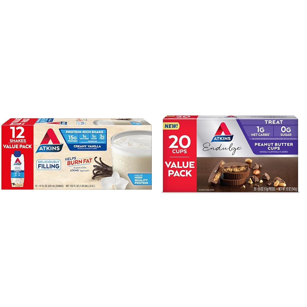 Atkins Creamy Vanilla Protein Shake, 15g Protein, Low Glycemic, 2g Net Carb, 1g Sugar, Keto Friendly, 12 Count & Endulge Peanut Butter Cups, Dessert Favorite, Low Carb, 0g Sugar, 20 Count